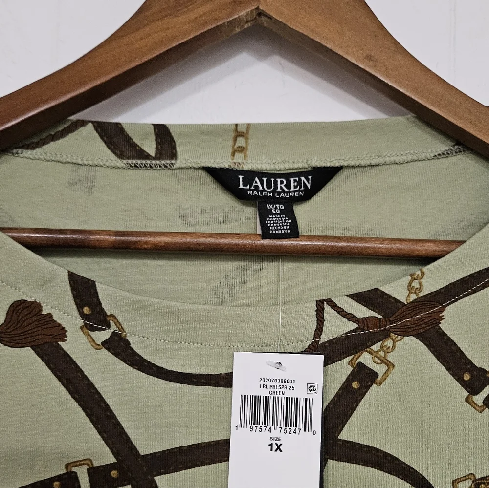 NWT Lauren Ralph Lauren Belting-Print Cotton Boatneck Tee / Size 1X - Picture 3 of 7